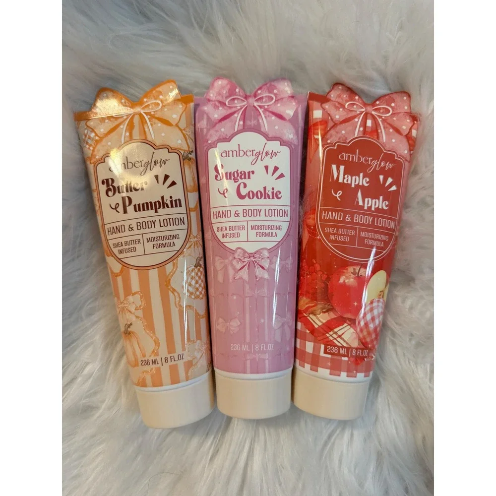 Amberglow Hand & Body Lotion 3pc Set Butter Pumpkin Sugar Cookie Maple Apple 8oz